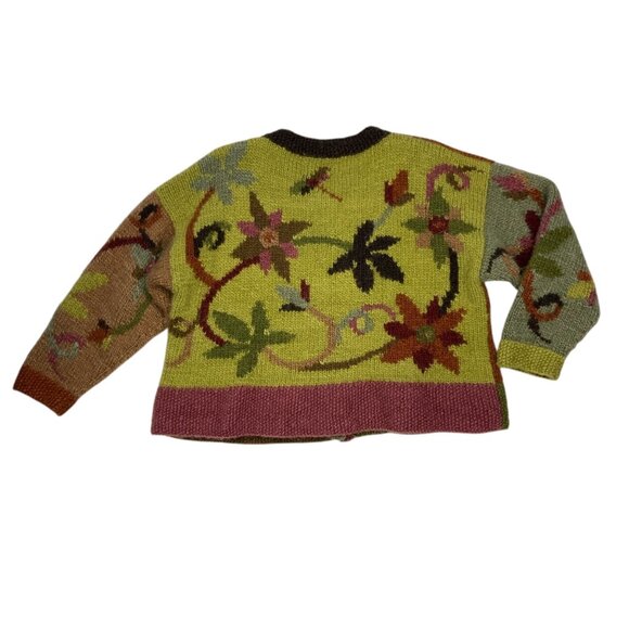 Tara Handknits Handspun Wool Cardigan Sweater L Floral Chunky Button Up Hippie - Picture 12 of 13